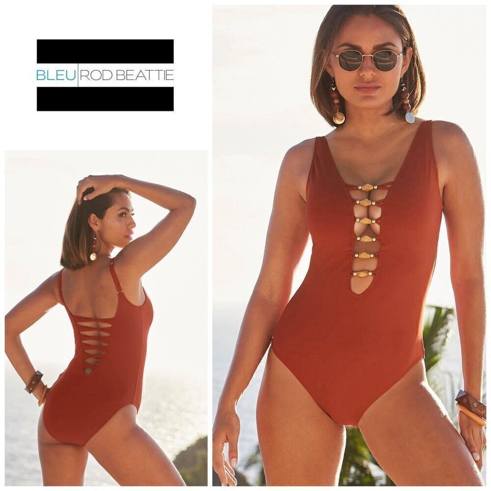 New. Bleu Rod Beattie lace down beaded swimsuit. 14. Retails $145